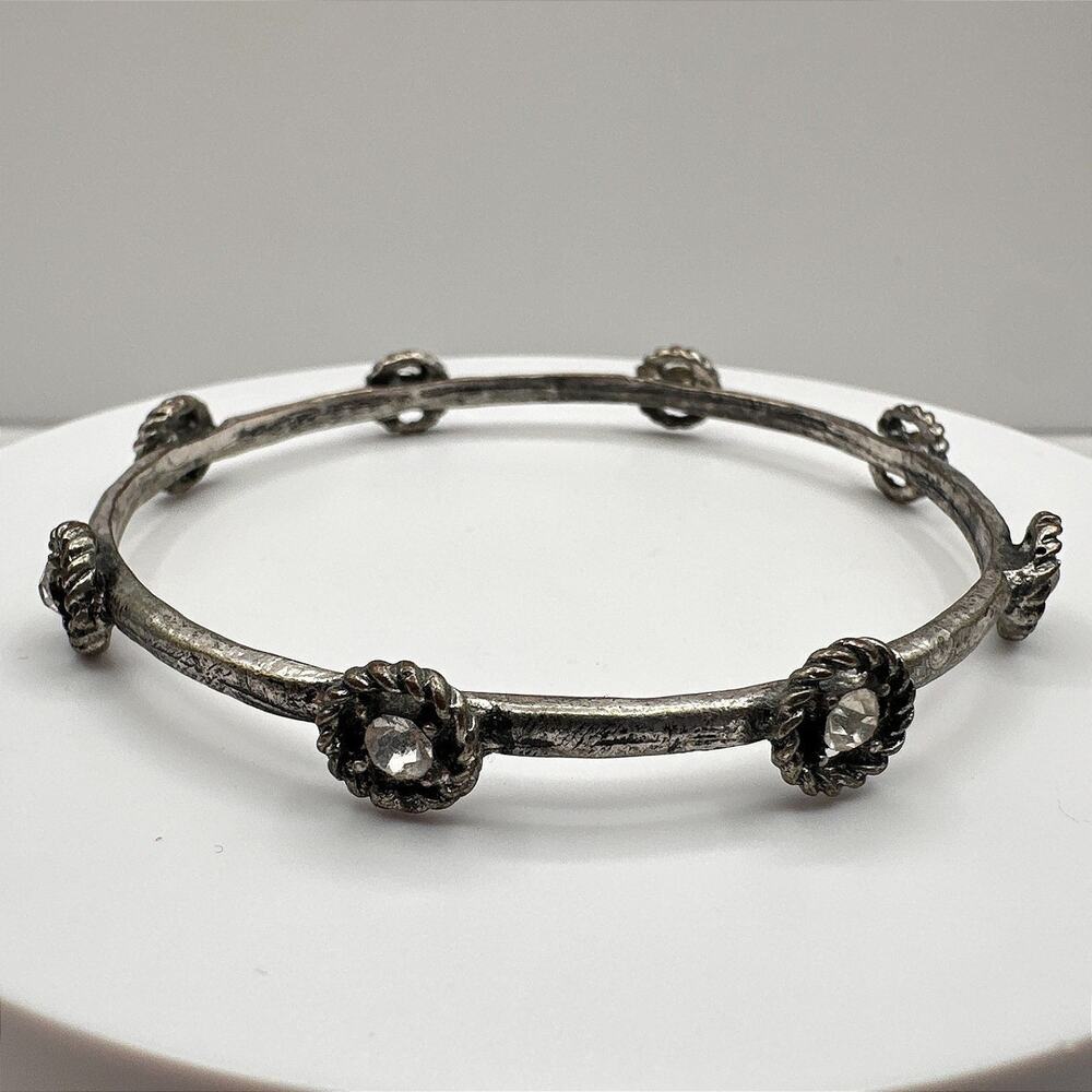 Vintage 90s Silver Tone Bracelet Floral Clear Rhinestone Boho Women's Jewelry